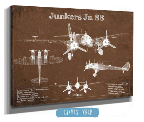 14" x 11" / Stretched Canvas Wrap Cutler West Junkers Ju 88 WWII Combat Aircraft Vintage Blueprint Original Military Wall Art
