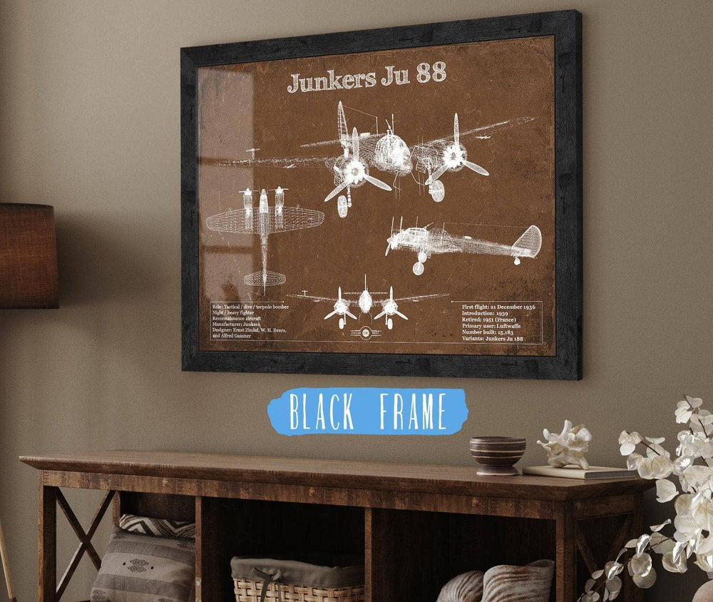 14" x 11" / Stretched Canvas Wrap Cutler West Junkers Ju 88 WWII Combat Aircraft Vintage Blueprint Original Military Wall Art