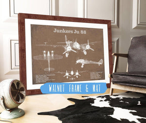 20" x 16" / Walnut Frame & Mat Cutler West Junkers Ju 88 WWII Combat Aircraft Vintage Blueprint Original Military Wall Art