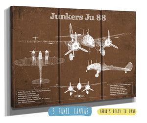 36" x 24" / 3 Panel Canvas Wrap Cutler West Junkers Ju 88 WWII Combat Aircraft Vintage Blueprint Original Military Wall Art