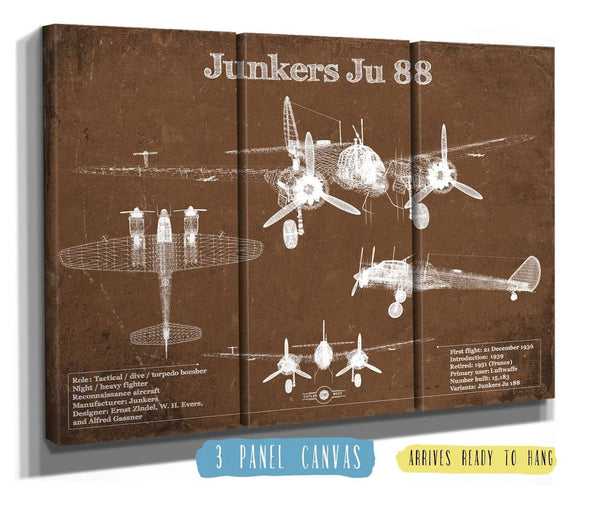 36" x 24" / 3 Panel Canvas Wrap Cutler West Junkers Ju 88 WWII Combat Aircraft Vintage Blueprint Original Military Wall Art