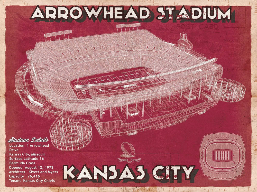 14" x 11" / Stretched Canvas Wrap Cutler West Kansas City Chiefs Arrowhead Stadium Vintage Football Print