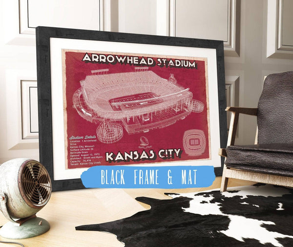 20" x 16" / Black Frame & Mat Cutler West Kansas City Chiefs Arrowhead Stadium Vintage Football Print