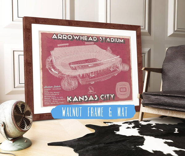 20" x 16" / Walnut Frame & Mat Cutler West Kansas City Chiefs Arrowhead Stadium Vintage Football Print