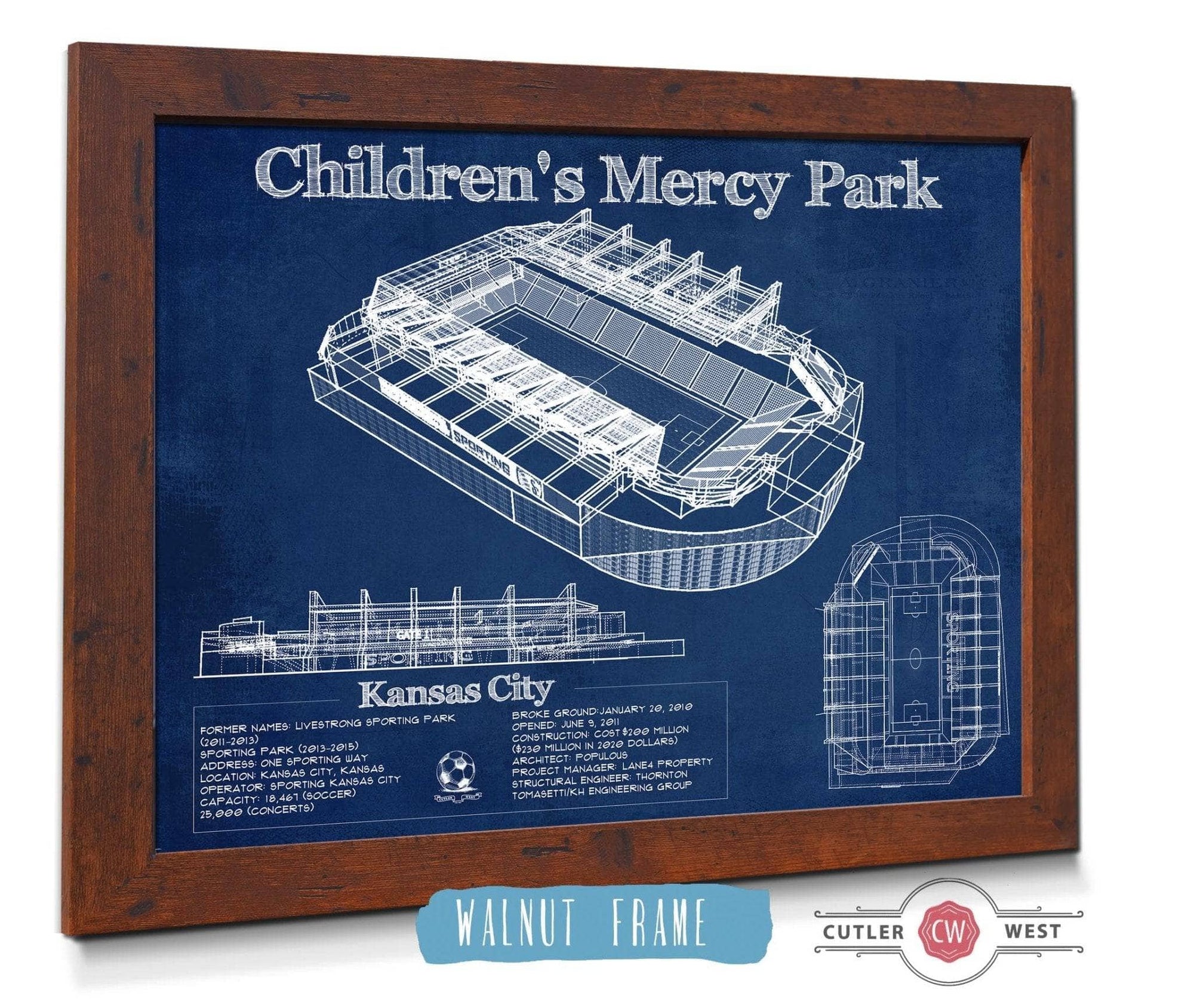 Cutler West 14" x 11" / Walnut Frame Kansas City Children's Mercy Park Vintage Soccer MLS Print 933311116_53690