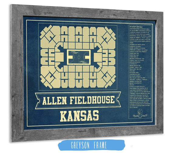 14" x 11" / Greyson Frame Cutler West Kansas Jayhawks - Allen Fieldhouse Seating Chart - College Basketball Blueprint Art