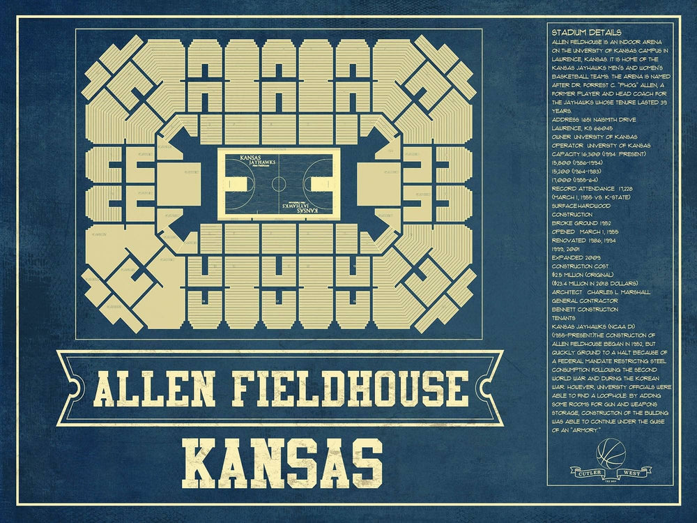14" x 11" / Stretched Canvas Wrap Cutler West Kansas Jayhawks - Allen Fieldhouse Seating Chart - College Basketball Blueprint Art
