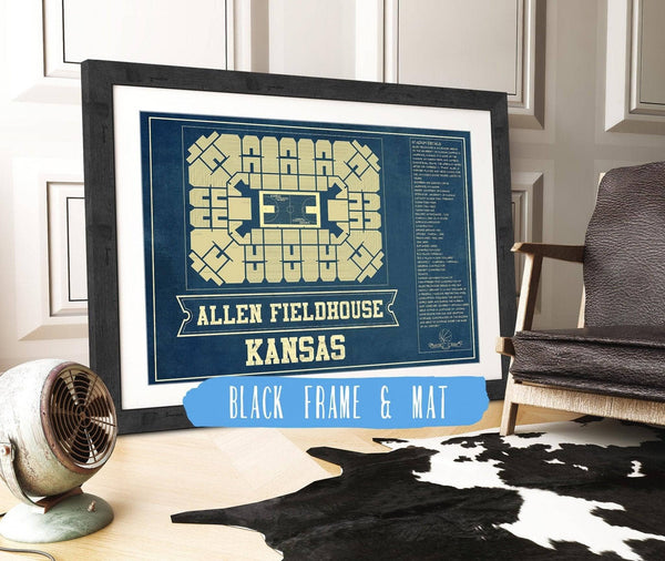 20" x 16" / Black Frame & Mat Cutler West Kansas Jayhawks - Allen Fieldhouse Seating Chart - College Basketball Blueprint Art