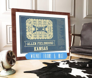 20" x 16" / Walnut Frame & Mat Cutler West Kansas Jayhawks - Allen Fieldhouse Seating Chart - College Basketball Blueprint Art