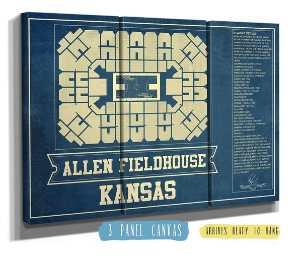 36" x 24" / 3 Panel Canvas Wrap Cutler West Kansas Jayhawks - Allen Fieldhouse Seating Chart - College Basketball Blueprint Art