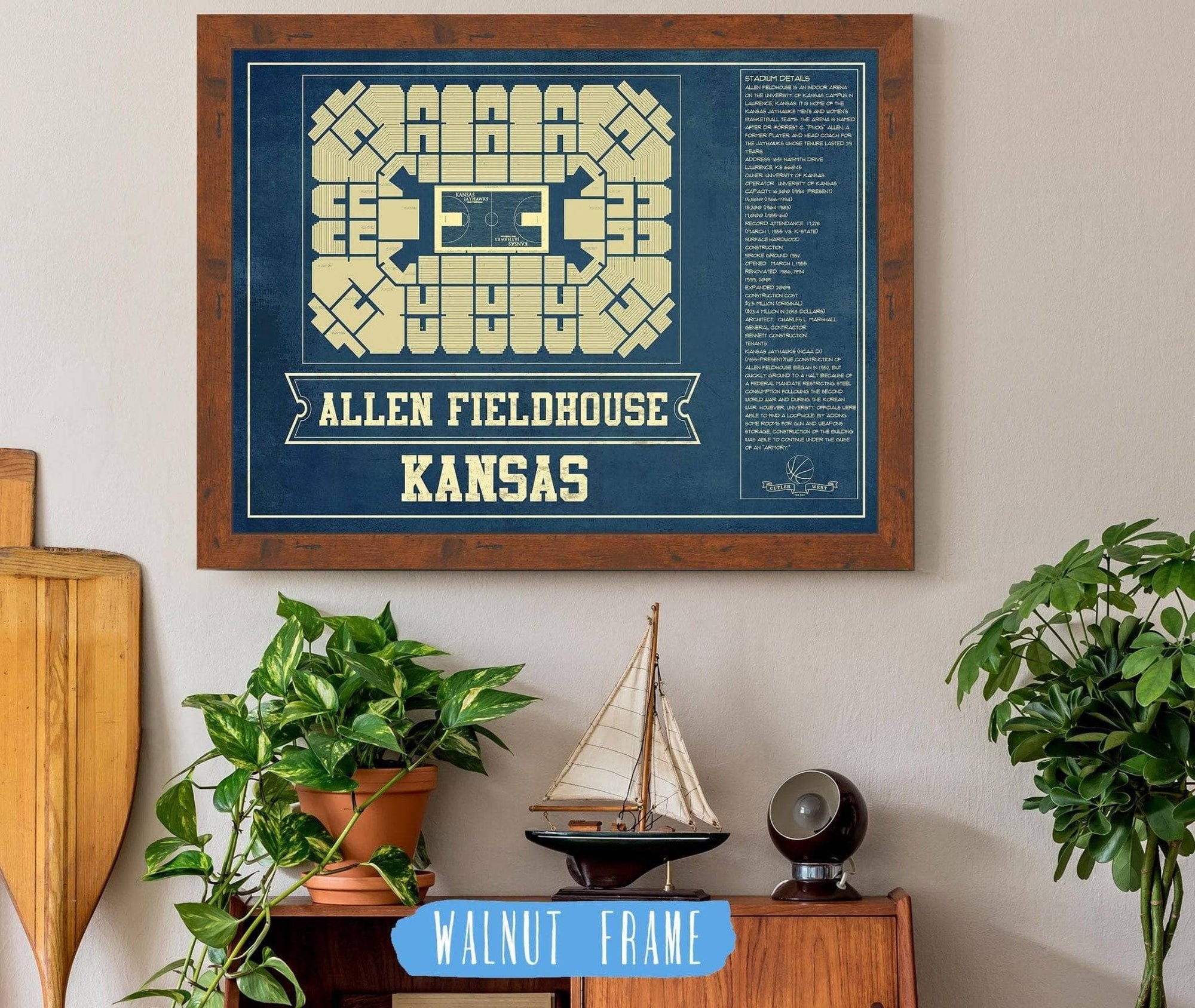 Cutler West Basketball Collection 14" x 11" / Walnut Frame Kansas Jayhawks - Allen Fieldhouse Seating Chart - College Basketball Blueprint Art 662070564_83693