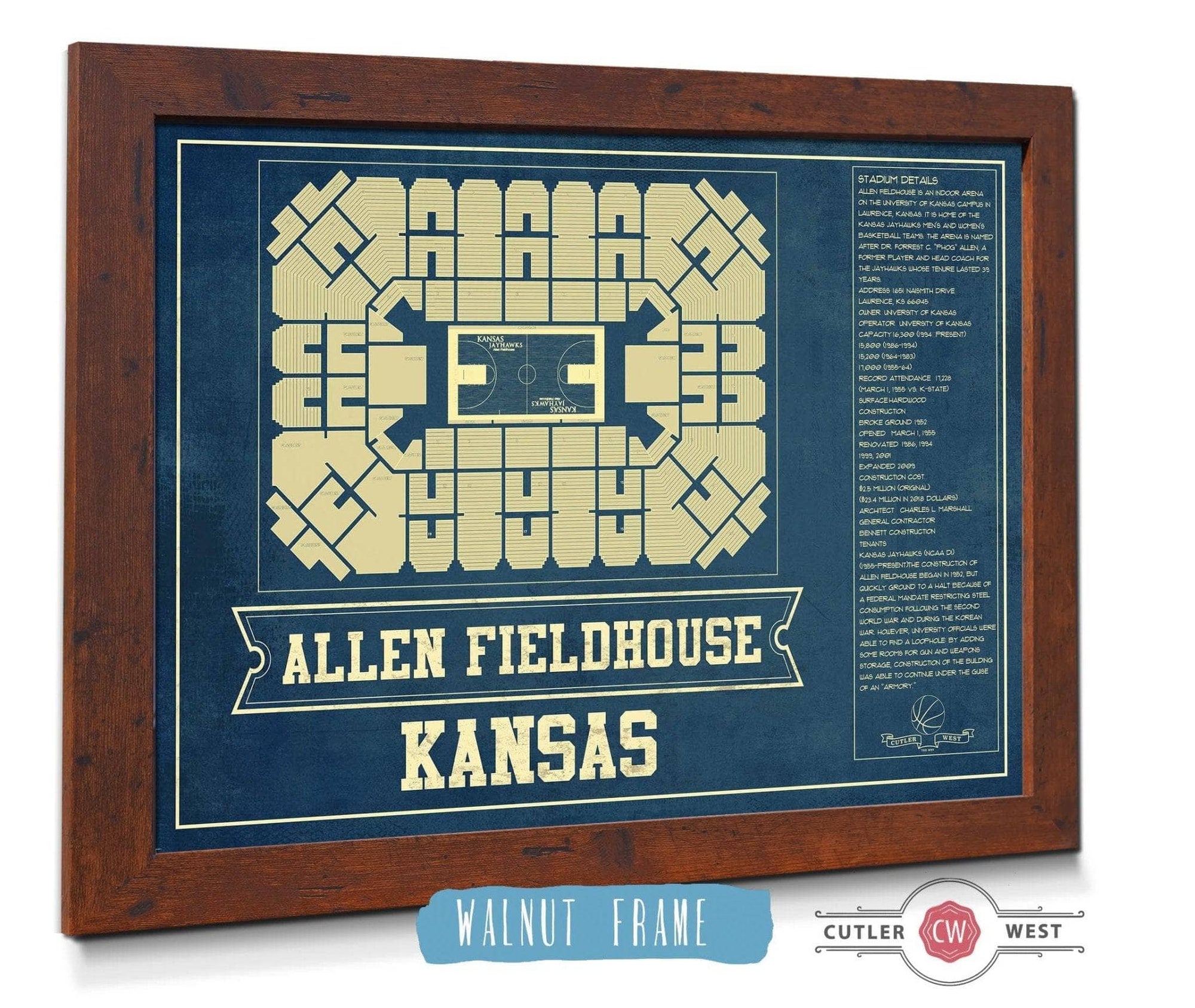 Cutler West Basketball Collection Kansas Jayhawks - Allen Fieldhouse Seating Chart - College Basketball Blueprint Art
