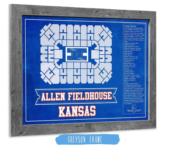 14" x 11" / Greyson Frame Cutler West Kansas Jayhawks - Allen Fieldhouse Seating Chart - College Basketball Blueprint Team Color Art