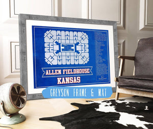 14" x 11" / Greyson Frame & Mat Cutler West Kansas Jayhawks - Allen Fieldhouse Seating Chart - College Basketball Blueprint Team Color Art
