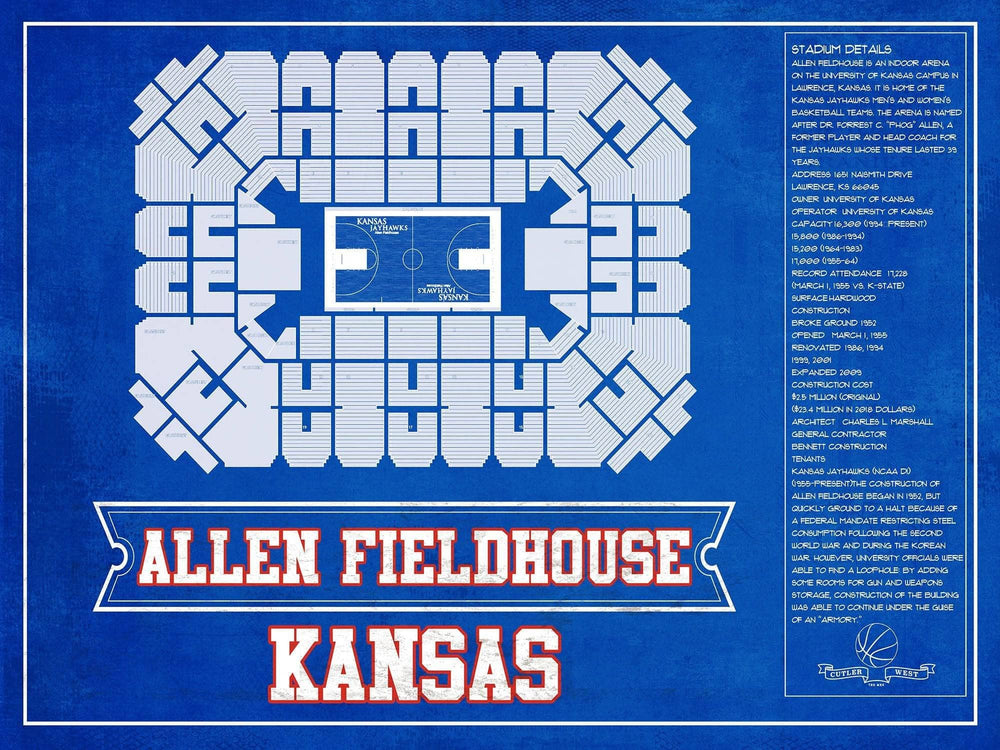 14" x 11" / Stretched Canvas Wrap Cutler West Kansas Jayhawks - Allen Fieldhouse Seating Chart - College Basketball Blueprint Team Color Art