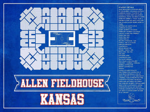 14" x 11" / Unframed Cutler West Kansas Jayhawks - Allen Fieldhouse Seating Chart - College Basketball Blueprint Team Color Art