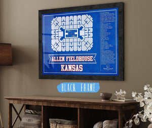 20" x 16" / Black Frame Cutler West Kansas Jayhawks - Allen Fieldhouse Seating Chart - College Basketball Blueprint Team Color Art