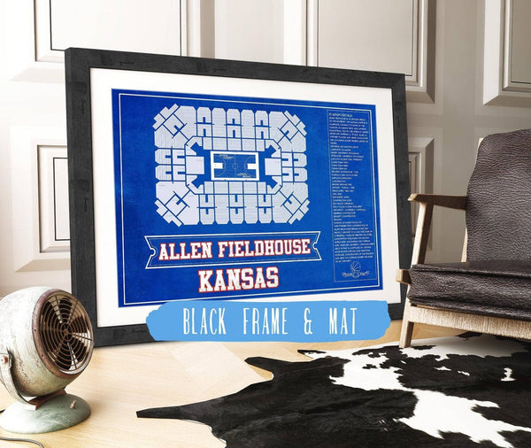 20" x 16" / Black Frame & Mat Cutler West Kansas Jayhawks - Allen Fieldhouse Seating Chart - College Basketball Blueprint Team Color Art