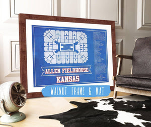20" x 16" / Walnut Frame & Mat Cutler West Kansas Jayhawks - Allen Fieldhouse Seating Chart - College Basketball Blueprint Team Color Art