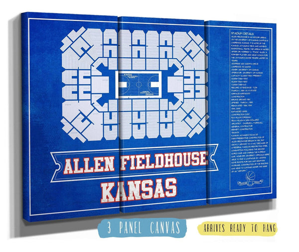 36" x 24" / 3 Panel Canvas Wrap Cutler West Kansas Jayhawks - Allen Fieldhouse Seating Chart - College Basketball Blueprint Team Color Art