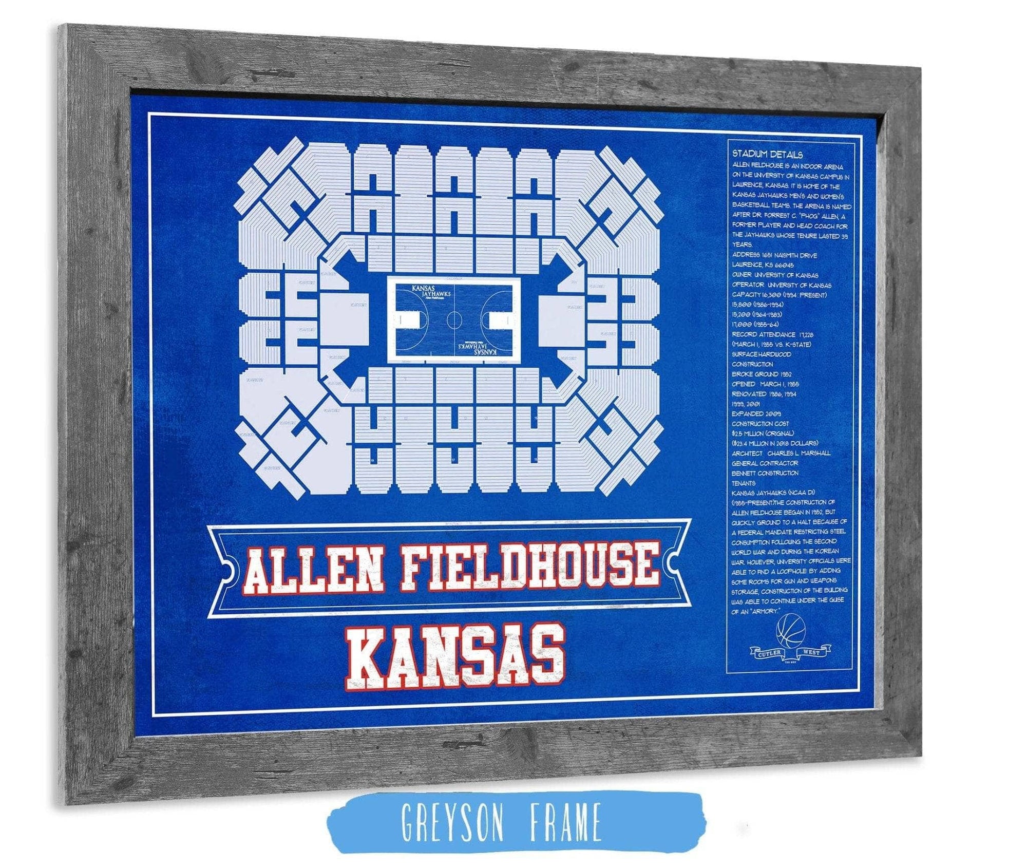 Cutler West Basketball Collection 14" x 11" / Greyson Frame Kansas Jayhawks - Allen Fieldhouse Seating Chart - College Basketball Blueprint Team Color Art 662070564-TEAM_82047