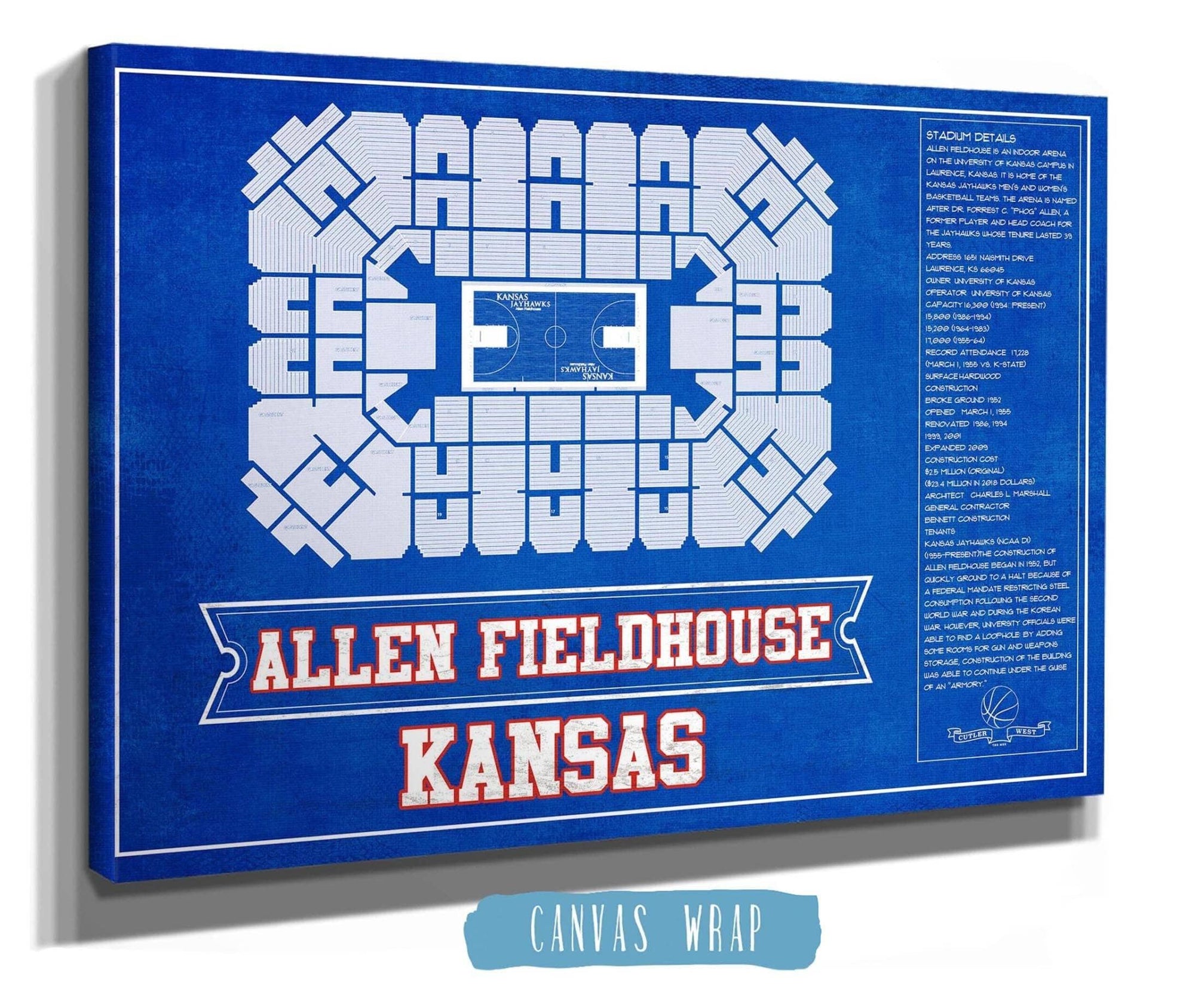 Cutler West Basketball Collection Kansas Jayhawks - Allen Fieldhouse Seating Chart - College Basketball Blueprint Team Color Art