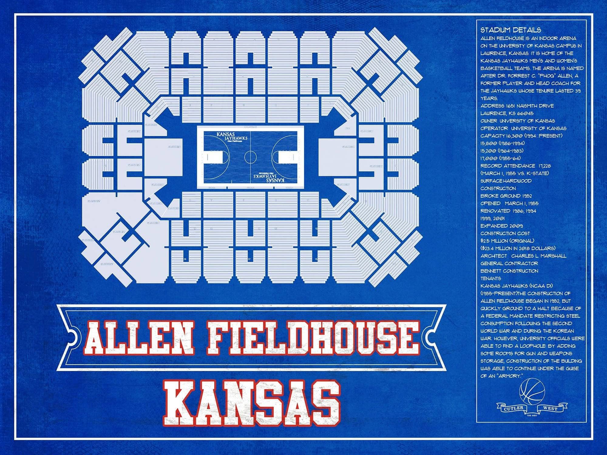 Cutler West Basketball Collection 14" x 11" / Unframed Kansas Jayhawks - Allen Fieldhouse Seating Chart - College Basketball Blueprint Team Color Art 662070564-TEAM_82040