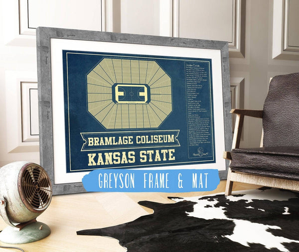 14" x 11" / Greyson Frame & Mat Cutler West Kansas State Wildcats -Bramlage Coliseum Seating Chart - College Basketball Blueprint Art