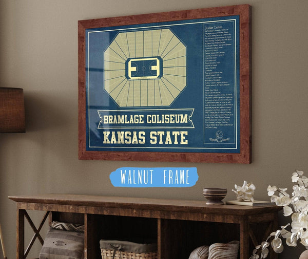 20" x 16" / Walnut Frame Cutler West Kansas State Wildcats -Bramlage Coliseum Seating Chart - College Basketball Blueprint Art