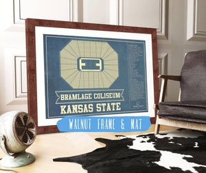 20" x 16" / Walnut Frame & Mat Cutler West Kansas State Wildcats -Bramlage Coliseum Seating Chart - College Basketball Blueprint Art