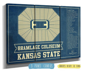 36" x 24" / 3 Panel Canvas Wrap Cutler West Kansas State Wildcats -Bramlage Coliseum Seating Chart - College Basketball Blueprint Art