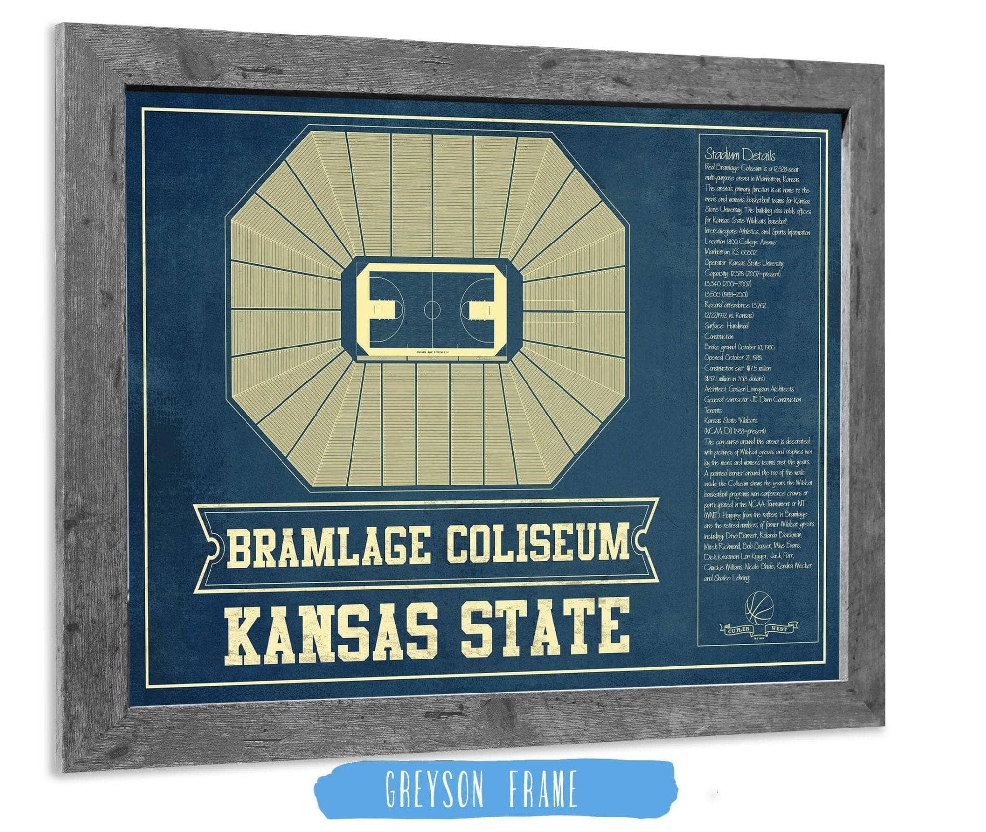 Cutler West Basketball Collection 14" x 11" / Greyson Frame Kansas State Wildcats -Bramlage Coliseum Seating Chart - College Basketball Blueprint Art 675914345_83565
