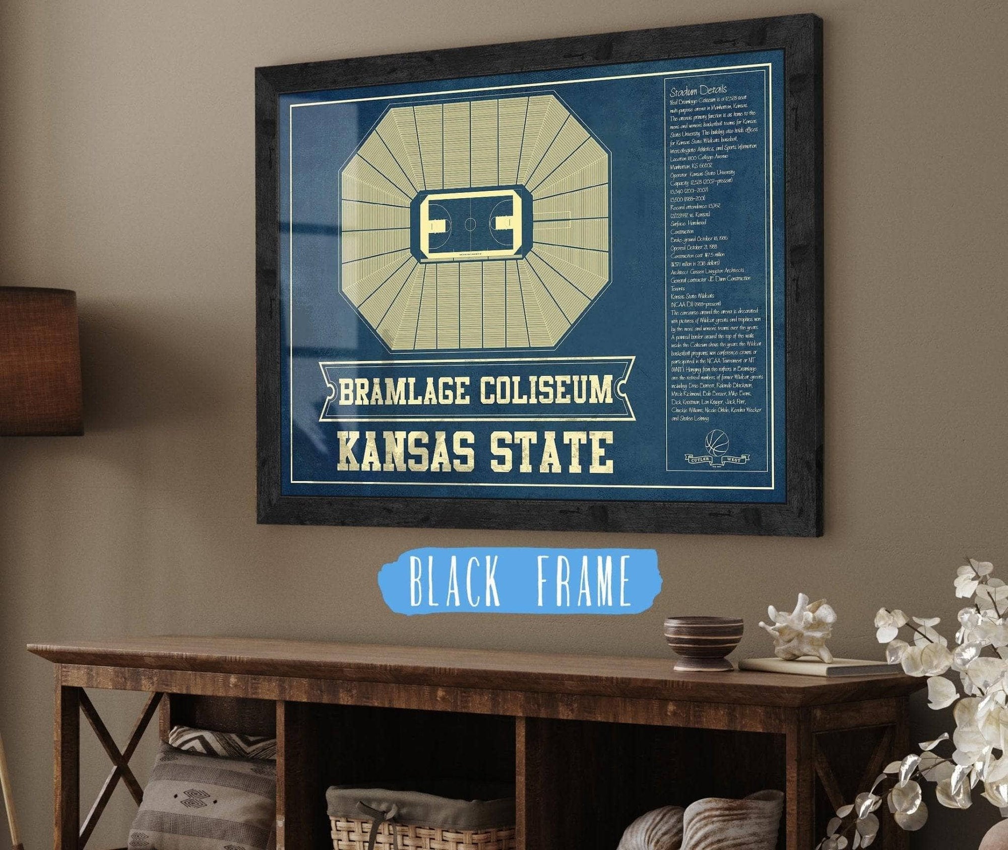 Cutler West Basketball Collection 14" x 11" / Black Frame Kansas State Wildcats -Bramlage Coliseum Seating Chart - College Basketball Blueprint Art 675914345_83559