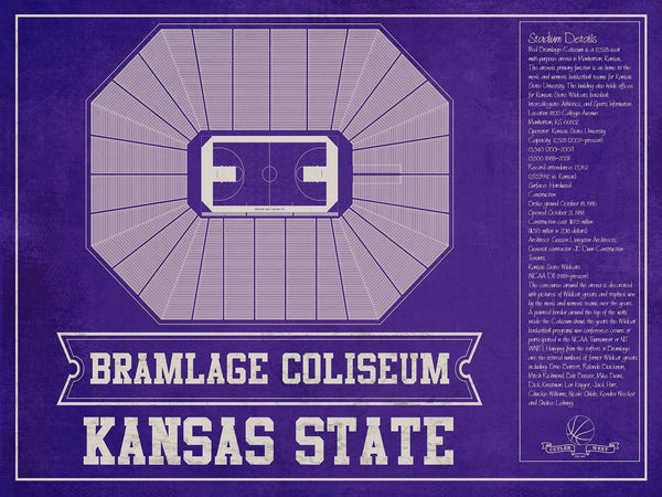 14" x 11" / Unframed Cutler West Kansas State Wildcats -Bramlage Coliseum Seating Chart - College Basketball Team Color Art