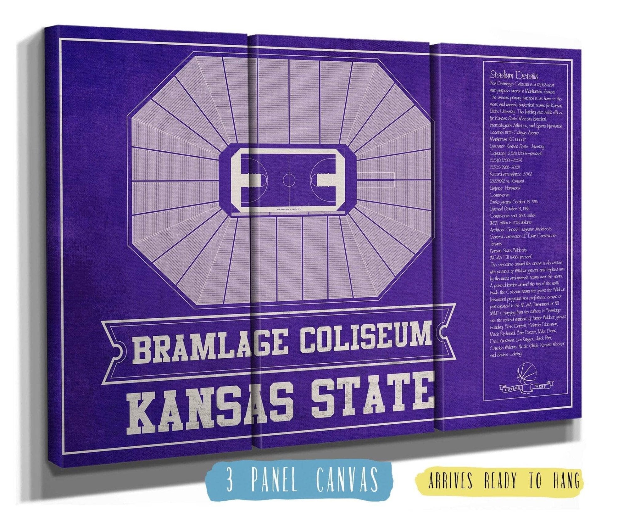 Cutler West Basketball Collection 48" x 32" / 3 Panel Canvas Wrap Kansas State Wildcats -Bramlage Coliseum Seating Chart - College Basketball Team Color Art 675914345-TEAM_83674