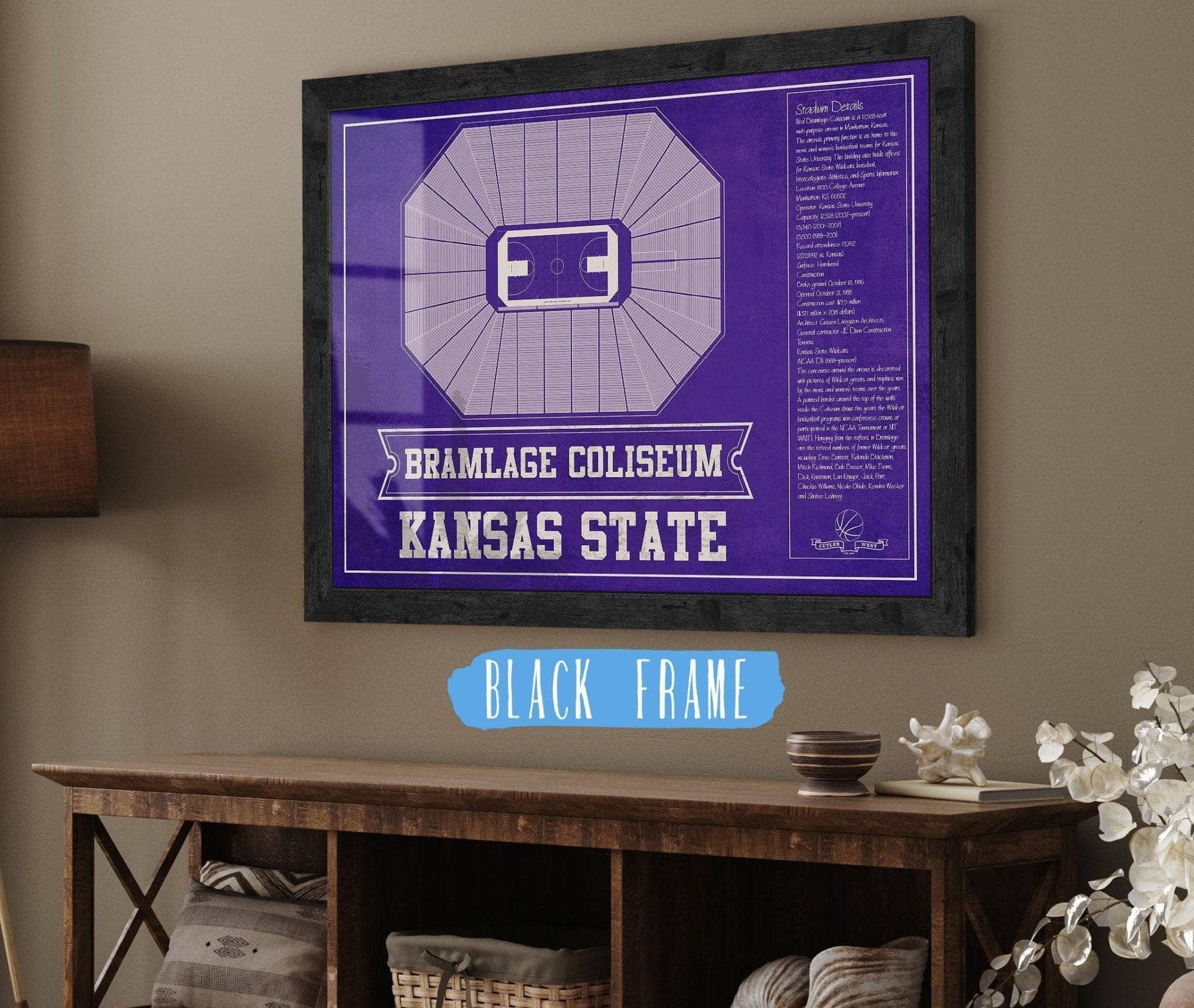 Cutler West Basketball Collection 14" x 11" / Black Frame Kansas State Wildcats -Bramlage Coliseum Seating Chart - College Basketball Team Color Art 675914345-TEAM_83625