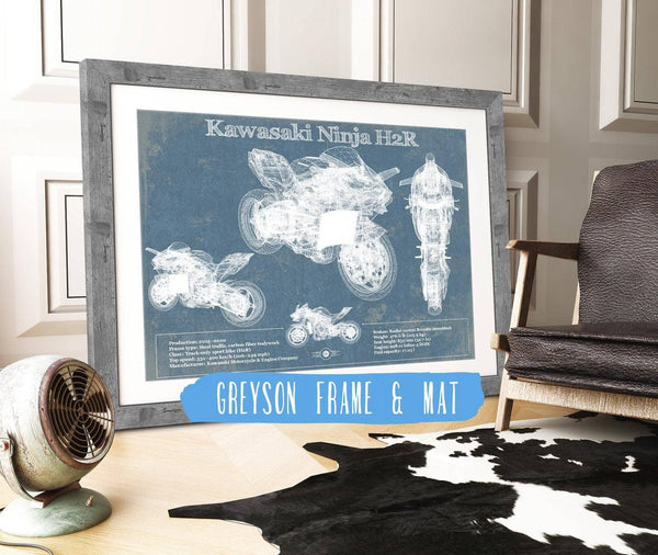 14" x 11" / Greyson Frame & Mat Cutler West Kawasaki H2R Ninja Blueprint Motorcycle Patent Print