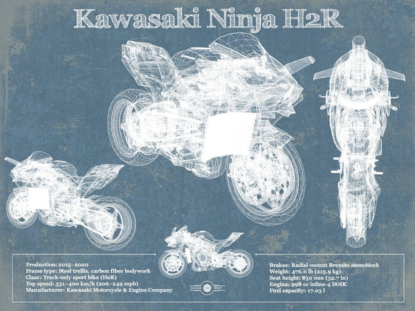 14" x 11" / Unframed Cutler West Kawasaki H2R Ninja Blueprint Motorcycle Patent Print