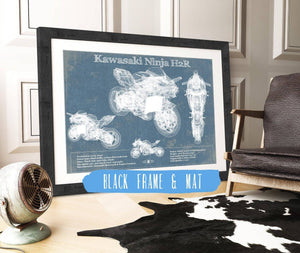 20" x 16" / Black Frame & Mat Cutler West Kawasaki H2R Ninja Blueprint Motorcycle Patent Print