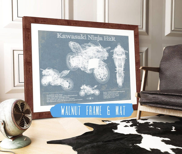 20" x 16" / Walnut Frame & Mat Cutler West Kawasaki H2R Ninja Blueprint Motorcycle Patent Print