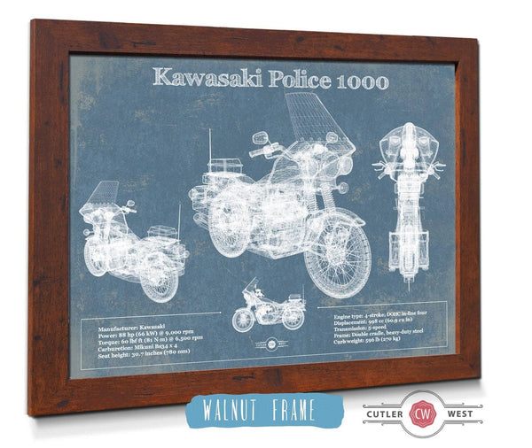 Cutler West Kawasaki Police 1000 Vintage Blueprint Motorcycle Patent Print