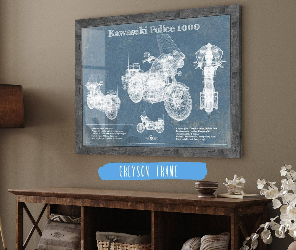 14" x 11" / Stretched Canvas Wrap Cutler West Kawasaki Police 1000 Vintage Blueprint Motorcycle Patent Print