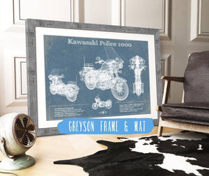 14" x 11" / Greyson Frame & Mat Cutler West Kawasaki Police 1000 Vintage Blueprint Motorcycle Patent Print