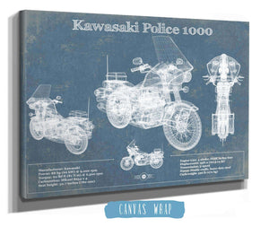 14" x 11" / Stretched Canvas Wrap Cutler West Kawasaki Police 1000 Vintage Blueprint Motorcycle Patent Print