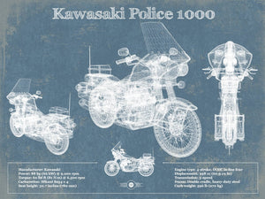 14" x 11" / Unframed Cutler West Kawasaki Police 1000 Vintage Blueprint Motorcycle Patent Print