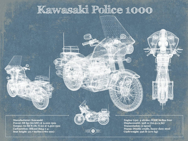 14" x 11" / Unframed Cutler West Kawasaki Police 1000 Vintage Blueprint Motorcycle Patent Print