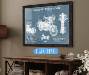 20" x 16" / Black Frame Cutler West Kawasaki Police 1000 Vintage Blueprint Motorcycle Patent Print