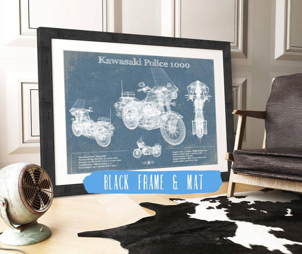 20" x 16" / Black Frame & Mat Cutler West Kawasaki Police 1000 Vintage Blueprint Motorcycle Patent Print