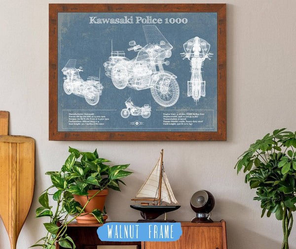 20" x 16" / Walnut Frame Cutler West Kawasaki Police 1000 Vintage Blueprint Motorcycle Patent Print