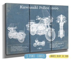 36" x 24" / 3 Panel Canvas Wrap Cutler West Kawasaki Police 1000 Vintage Blueprint Motorcycle Patent Print